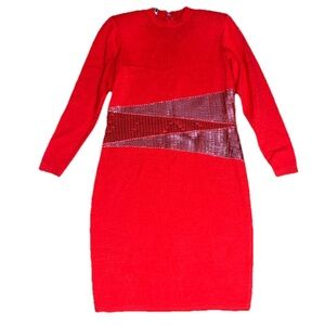 St. John Evening VTG Vintage‎ Santana Knit Paillette Long Sleeve Dress Red 6